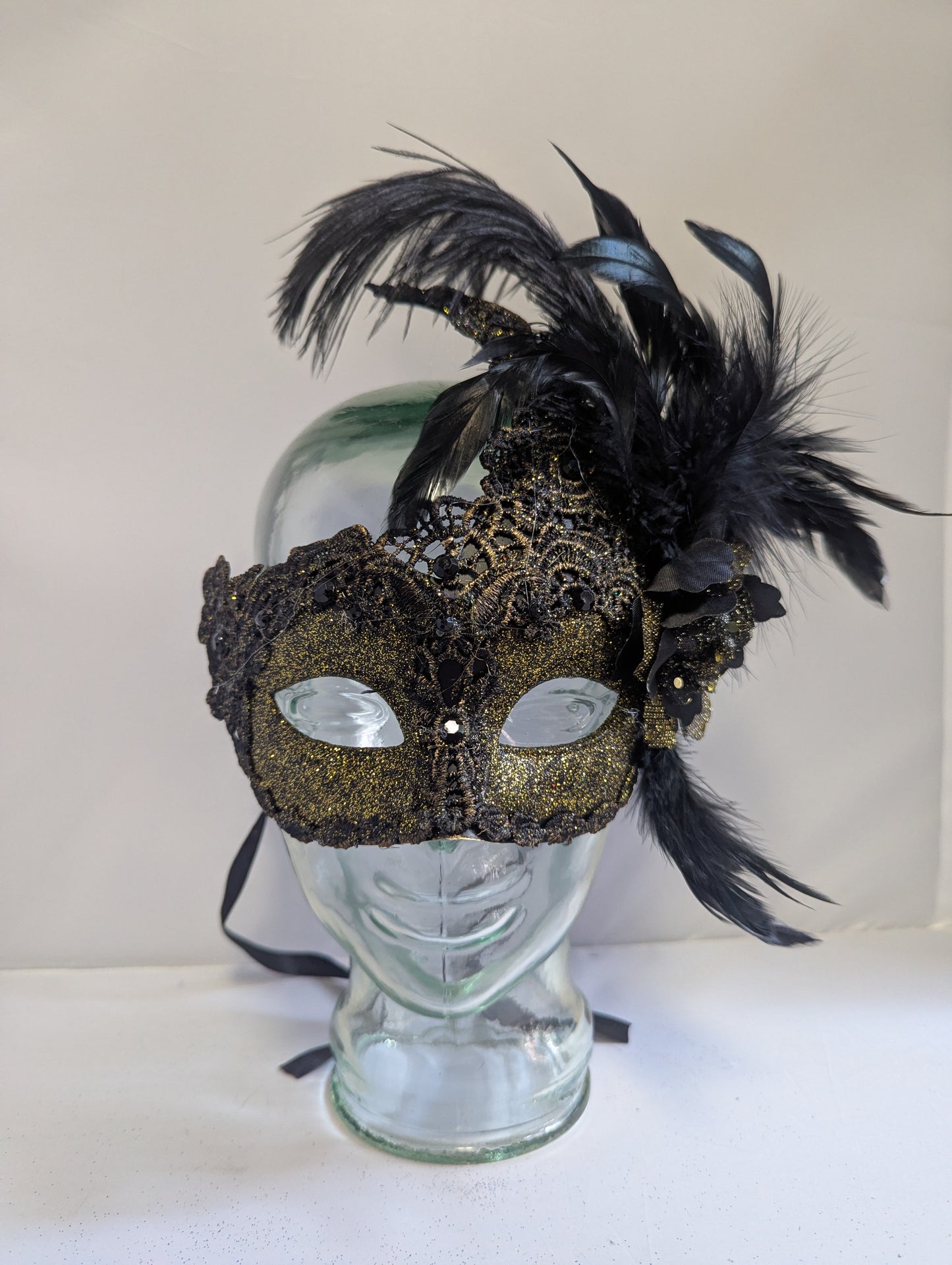 Black and Gold Lace Swan with Feathers